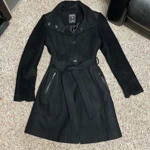 Guess Black Belted Trench Coat with Textured Sleeves